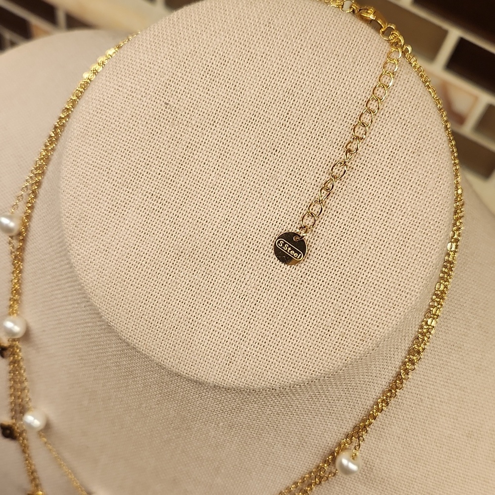 18K Gold Plated Layered Clover & Faux Pearl Station Necklace - Picture 9 of 10